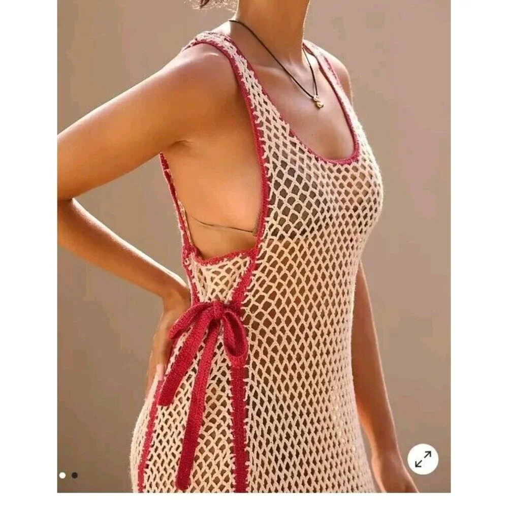 NWOT Anthropologie Bel Kazan Piped Crochet Maxi Swim Cover Dress M/L Cream
